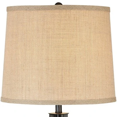360 Lighting Heather Modern Industrial Table Lamps Set Of 2 With Round Risers 27 1/4" Tall Dark Iron USB Charging Port Iron Burlap Drum Shade For Desk 2 360 Lighting Heather Modern Industrial Table Lamps Set Of 2 With Round Risers 27 1/4" Tall Dark Iron USB Charging Port Iron Burlap Drum Shade For Desk - Image 2