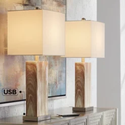 360 Lighting Connie Modern Table Lamps Set Of 2 25" High Brown Faux Marble With USB Charging Port White Rectangular Shade For Living Room Office Desk
