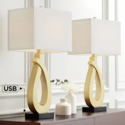 360 Lighting Simone Modern Table Lamps 28" Tall Set Of 2 Gold Metal With USB Charging Port White Rectangular Shade For Bedroom Living Room Nightstand