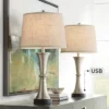 360 Lighting Seymore Modern Table Lamps 26" High Set Of 2 With USB Port Silver LED Touch On Off Burlap Linen Drum Shade For Bedroom Living Room Desk