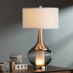360 Lighting Courtney Modern Table Lamps 28 1/2" Tall Set Of 2 Fluted Smoked Glass With Nightlight White Linen Drum Shade For Living Room Nightstand -Outlet 360 Lighting Store GUEST 1caad7cf 8178 454e 9120 0237f5628b66