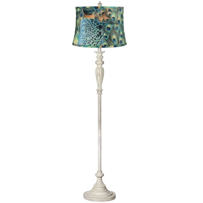 360 Lighting Shabby Chic Floor Lamp 60" Tall Antique White Washed Peacock Print Drum Shade For Living Room Reading Bedroom Office 1 360 Lighting Shabby Chic Floor Lamp 60" Tall Antique White Washed Peacock Print Drum Shade For Living Room Reading Bedroom Office