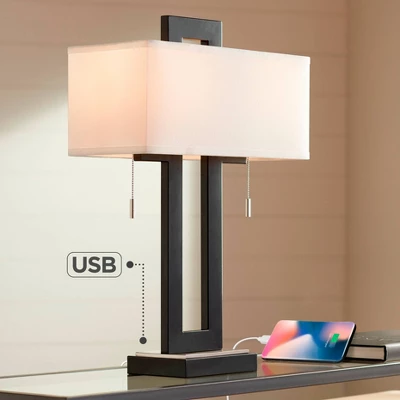 360 Lighting Neil Modern Rustic Table Lamp 26" High Black Metal With USB Charging Port White Rectangular Shade For Bedroom Living Room Bedside Desk 1 360 Lighting Neil Modern Rustic Table Lamp 26" High Black Metal With USB Charging Port White Rectangular Shade For Bedroom Living Room Bedside Desk