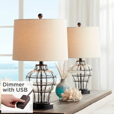 360 Lighting Hudson Rustic Accent Table Lamps 23" High Set Of 2 Bronze Clear Glass USB Charging Port Drum Shade For Bedroom Living Room Bedside Desk 1 360 Lighting Hudson Rustic Accent Table Lamps 23" High Set Of 2 Bronze Clear Glass USB Charging Port Drum Shade For Bedroom Living Room Bedside Desk