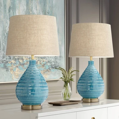 360 Lighting Modern Table Lamps 24" High Set Of 2 Coastal Ceramic Sky Blue Glaze Linen Fabric Drum Shade For Living Room Family Bedroom 1 360 Lighting Modern Table Lamps 24" High Set Of 2 Coastal Ceramic Sky Blue Glaze Linen Fabric Drum Shade For Living Room Family Bedroom