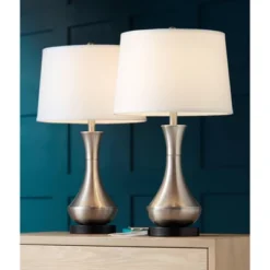 360 Lighting Simon Modern Table Lamps 25 1/2" High Set Of 2 Brushed Nickel With USB Charging Port White Fabric Drum Shade For Bedroom Living Room Desk -Outlet 360 Lighting Store GUEST 45d02464 4018 498b a892 f27e1a0c7a9a
