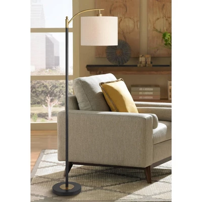 360 Lighting Rayna Mid Century Modern Downbridge Floor Lamp 61 1/2" Tall Black Gold Metal Off White Linen Drum Shade For Living Room Reading Bedroom 1 360 Lighting Rayna Mid Century Modern Downbridge Floor Lamp 61 1/2" Tall Black Gold Metal Off White Linen Drum Shade For Living Room Reading Bedroom