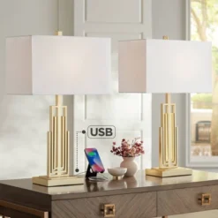 Outlet 360 Lighting Store 19 360 Lighting Sonia Modern Table Lamps 29 1/2" Tall Set Of 2 Gold Metal With Dual USB Charging Ports White Rectangular Shade For Bedroom Living Room