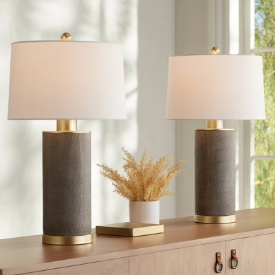 360 Lighting Gilson Modern Table Lamps 24 1/2" High Set Of 2 Gray Glaze Ceramic White Drum Shade For Bedroom Living Room Bedside Nightstand Office 1 360 Lighting Gilson Modern Table Lamps 24 1/2" High Set Of 2 Gray Glaze Ceramic White Drum Shade For Bedroom Living Room Bedside Nightstand Office