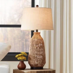 360 Lighting San Carlos Modern Coastal Table Lamp 29" Tall Natural Rattan Wicker Oatmeal Fabric Drum Shade For Bedroom Living Room Bedside Nightstand