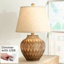 360 Lighting Accent Urn Table Lamp With USB Charging Port 22" High Warm Bronze Drum Shade For Living Room Desk Bedroom House