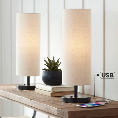 360 Lighting Heyburn Modern Accent Table Lamps 20" High Set Of 2 Bronze With USB And AC Power Outlet In Base Oatmeal Cylinder Shade For Bedroom Desk 1 360 Lighting Heyburn Modern Accent Table Lamps 20" High Set Of 2 Bronze With USB And AC Power Outlet In Base Oatmeal Cylinder Shade For Bedroom Desk