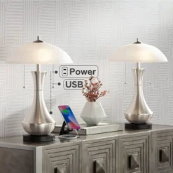 360 Lighting Simon Modern Accent Table Lamps Set Of 2 21" High Silver With USB Charging Port White Glass Dome Shade For Bedroom Living Room House Desk