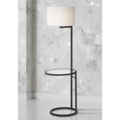 360 Lighting Modern Floor Lamp With Table Glass 62" Tall Black White Fabric Drum Shade For Living Room Reading Bedroom Office