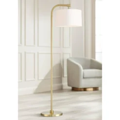 360 Lighting Modern Art Deco Arc Floor Lamp 64" Tall Warm Gold Metal White Fabric Drum Shade For Living Room Reading Family Bedroom Office House Home