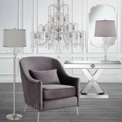 360 Lighting Modern Floor Lamp 62.5" Tall Satin Steel Chrome Crystal Chandelier Platinum Gray Silk Drum Shade For Living Room Reading Bedroom -Outlet 360 Lighting Store GUEST 896e0176 c092 4f51 bc59 2e28ad869413