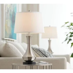 360 Lighting Simon Modern Table Lamps 25 1/2" High Set Of 2 Brushed Nickel With USB Charging Port White Fabric Drum Shade For Bedroom Living Room Desk -Outlet 360 Lighting Store GUEST 9720b799 16c4 428e 9769 9e0d90f9cf62