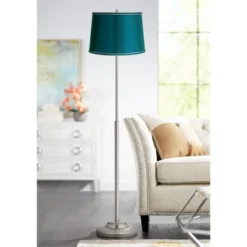360 Lighting Abba Modern Floor Lamp Standing 66" Tall Brushed Nickel Silver Metal Satin Teal Blue Drum Shade For Living Room Bedroom Office House Home