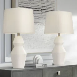 Outlet 360 Lighting Store 25 360 Lighting Modern Table Lamps 26" High Set Of 2 White Gourd Fabric Tapered Drum Shade For Bedroom Living Room House Home Bedside Nightstand Office
