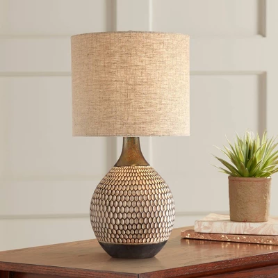 360 Lighting Emma Modern Mid Century Accent Table Lamp 21" High Wood Brown Ceramic Oatmeal Drum Shade For Bedroom Living Room Bedside Nightstand Home 1 360 Lighting Emma Modern Mid Century Accent Table Lamp 21" High Wood Brown Ceramic Oatmeal Drum Shade For Bedroom Living Room Bedside Nightstand Home