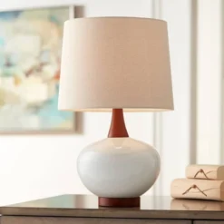 Outlet 360 Lighting Store 29 360 Lighting Brice Modern Mid Century Accent Table Lamp 23" High Ivory Ceramic Wood Neck Off White Drum Shade For Bedroom Living Room Bedside Office
