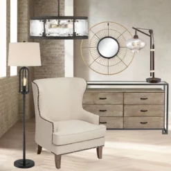 360 Lighting Marcel Rustic Farmhouse Floor Lamp 64" Tall Black Metal With LED Nightlight Natural Linen Drum Shade For Living Room Bedroom Office House -Outlet 360 Lighting Store GUEST bca77418 0f36 4fa4 8d86 2d7570175bff