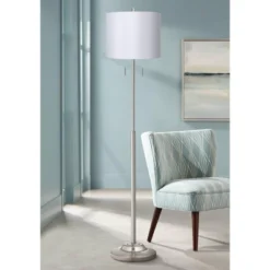 360 Lighting Abba Modern Floor Lamp 66" Tall Brushed Nickel Silver Metal White Hardback Drum Shade For Living Family Room Bedroom Office House Home