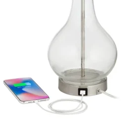 360 Lighting Modern Accent Table Lamps 21.75" High Set Of 2 With USB Charging Port Clear Glass Blue Drum Shade For Living Room Desk Bedroom Office -Outlet 360 Lighting Store GUEST f6595bd8 793b 43e3 bb52 bb51684af625