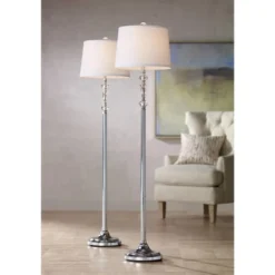 Outlet 360 Lighting Store 10 360 Lighting Montrose Modern Floor Lamps 61" Tall Set Of 2 Polished Steel Crystal Glass White Fabric Drum Shade For Living Room Bedroom Office House